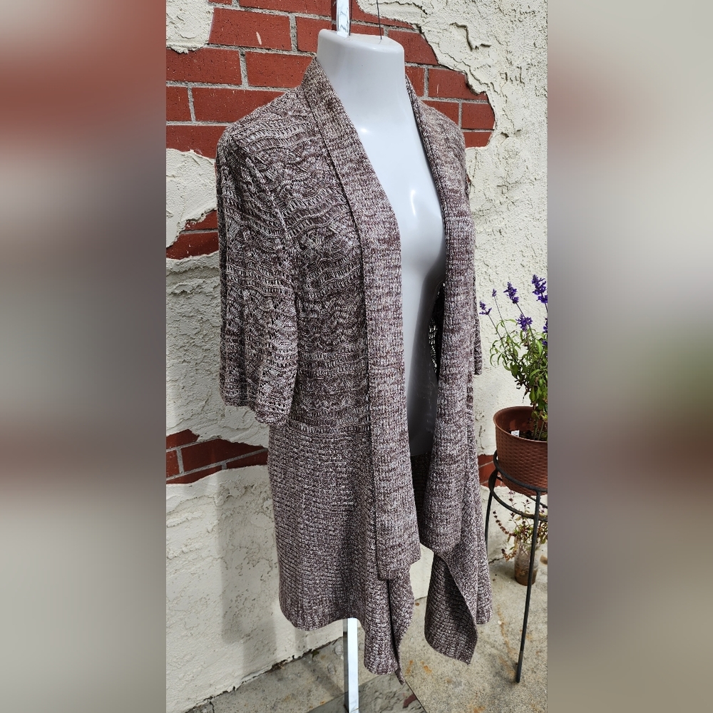 2X women ALFANI open front long knit cardigan sweater brown short sleeve